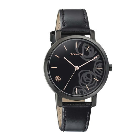 Sonata Onyx Black Dial Women Watch With Leather Strap