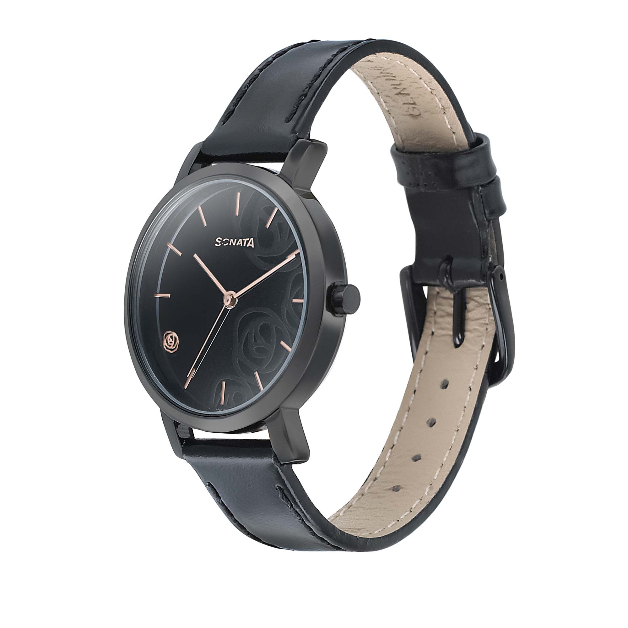 Sonata Onyx Black Dial Women Watch With Leather Strap