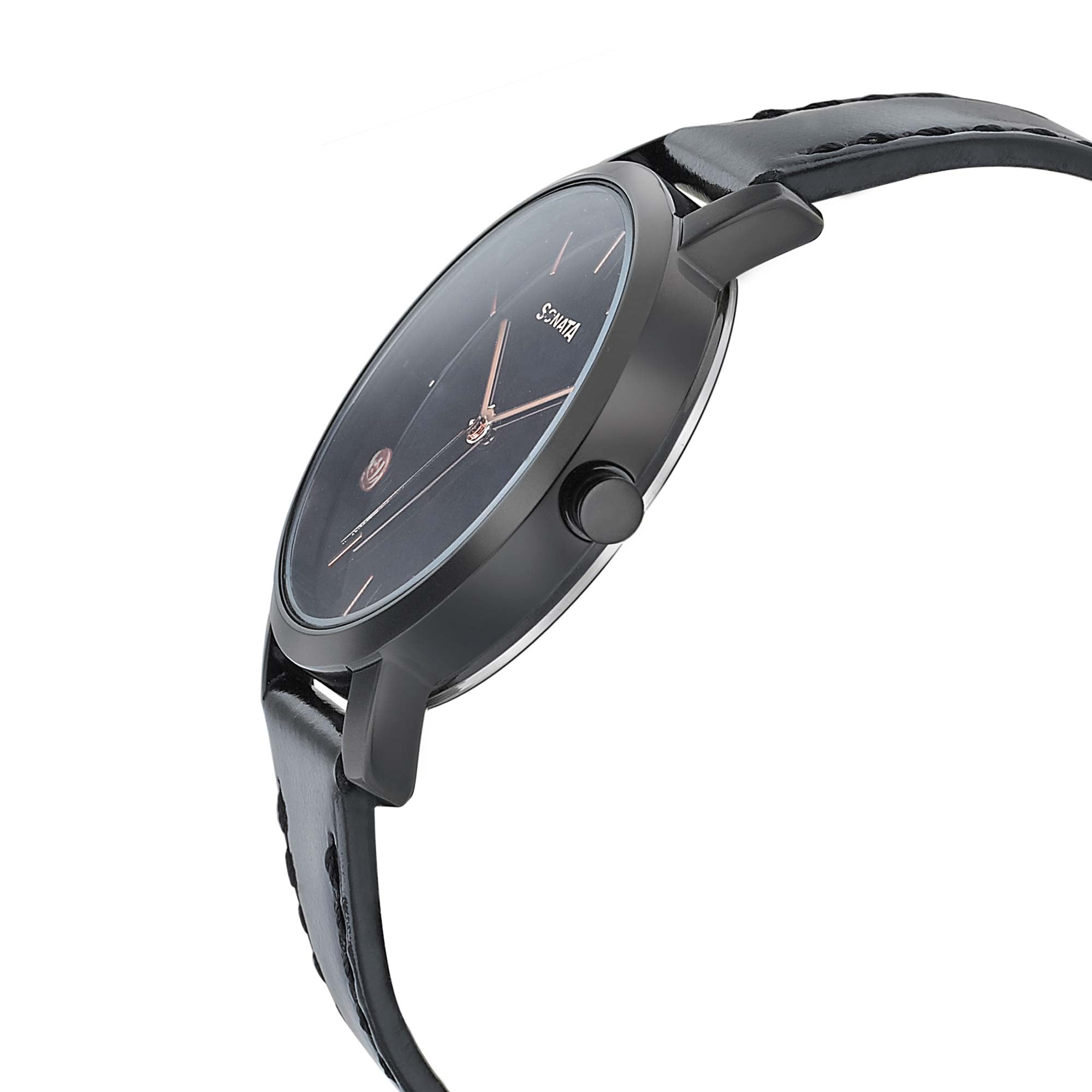 Sonata Onyx Black Dial Women Watch With Leather Strap