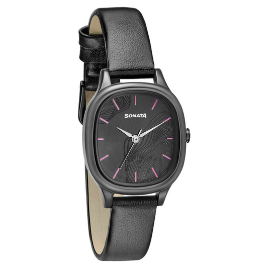 Sonata Linnea Black Dial Women Watch With Leather Strap