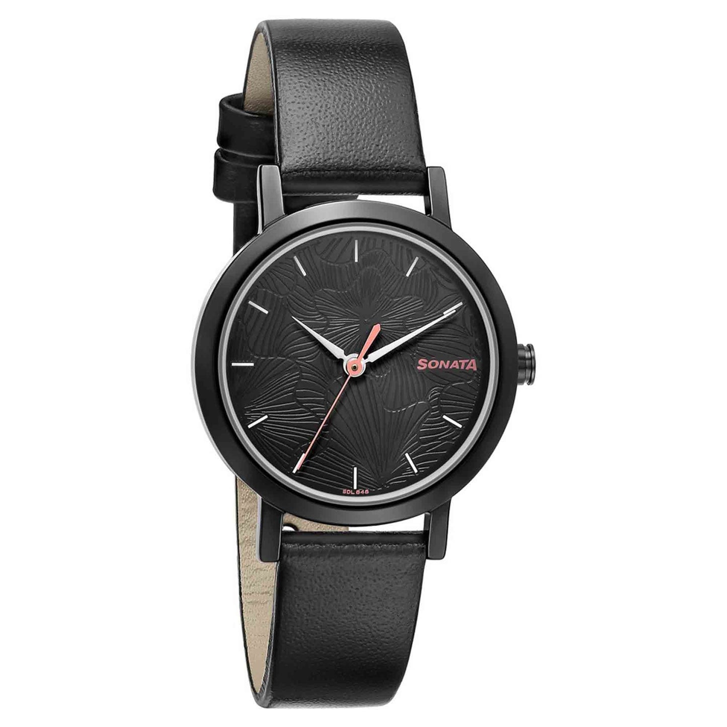 Sonata Linnea Black Dial Women Watch With Leather Strap