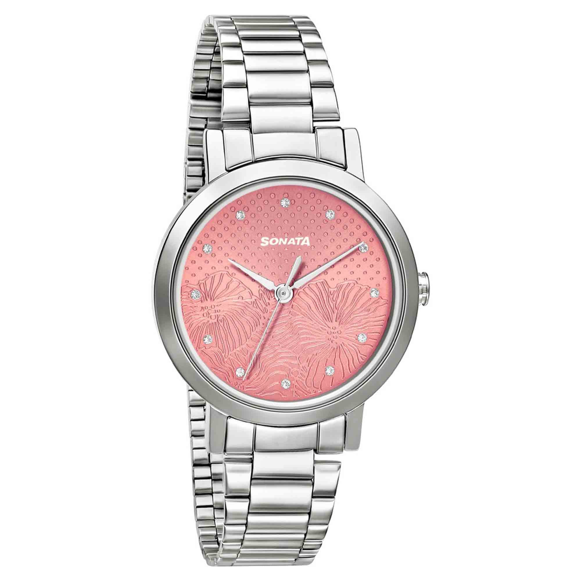 Sonata Linnea Pink Dial Women Watch With Stainless Steel Strap