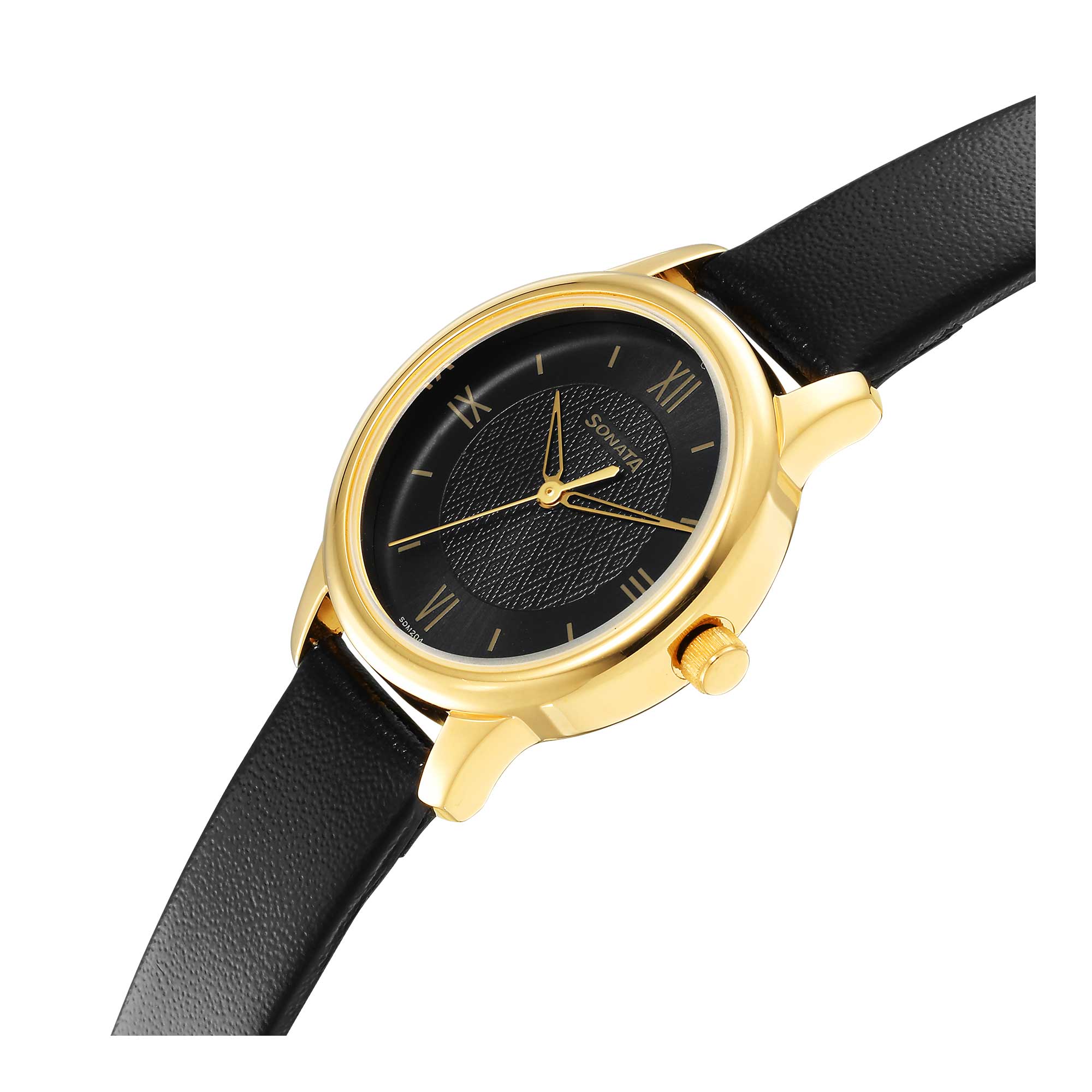 Classic Gold Black Dial Leather Strap Watch for Women