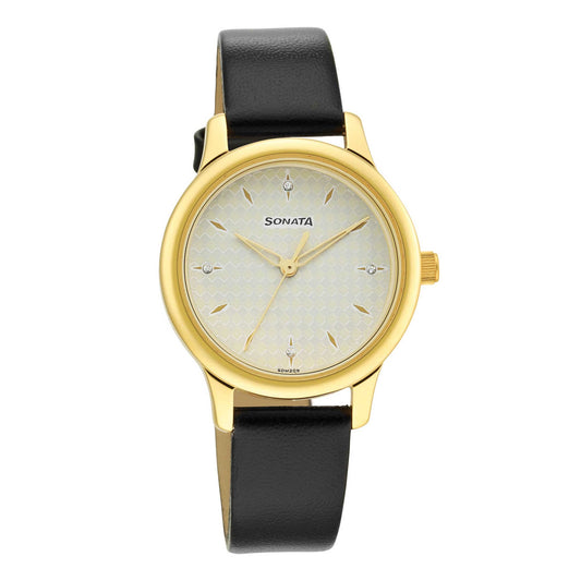 Classic Gold White Dial Leather Strap Watch for Women