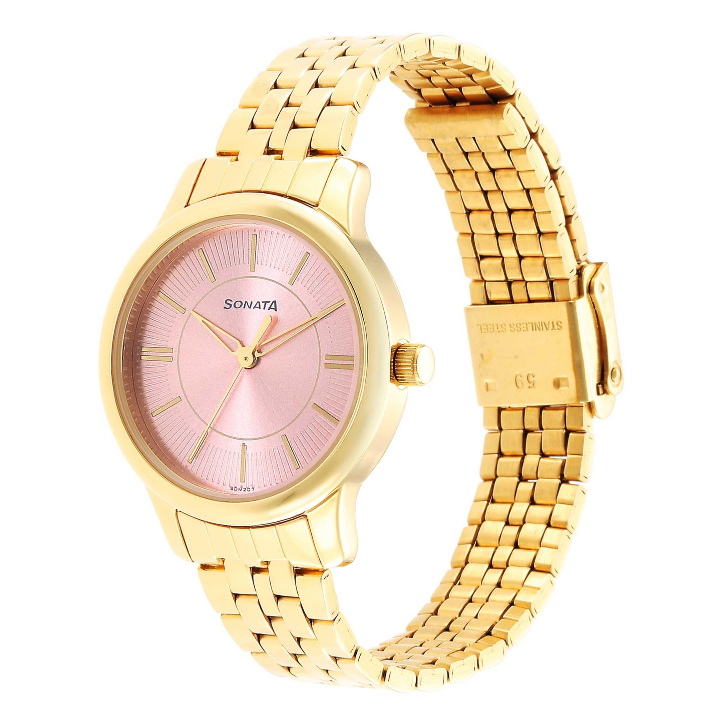 Classic Gold Pink Dial Metal Strap Watch for Women