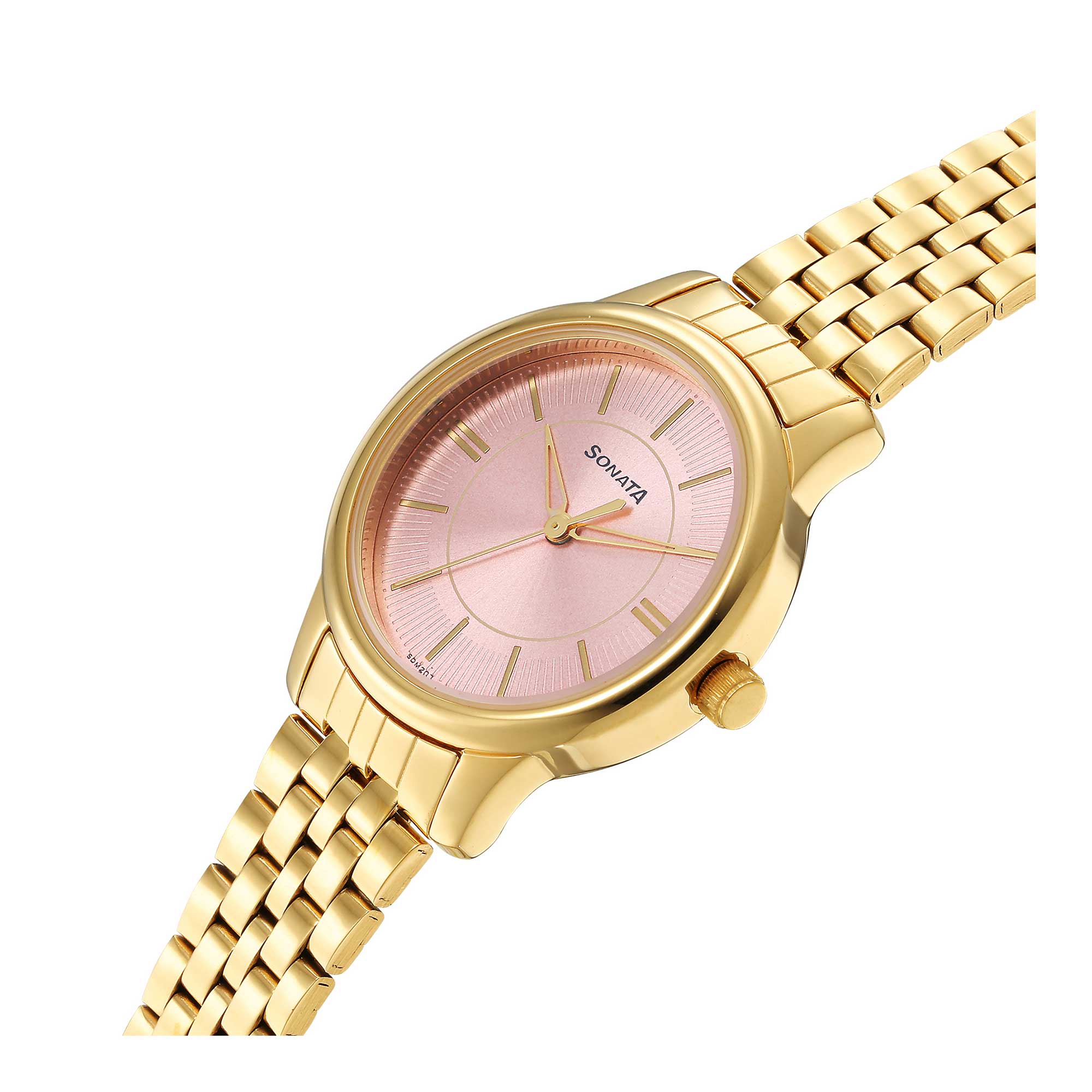 Classic Gold Pink Dial Metal Strap Watch for Women