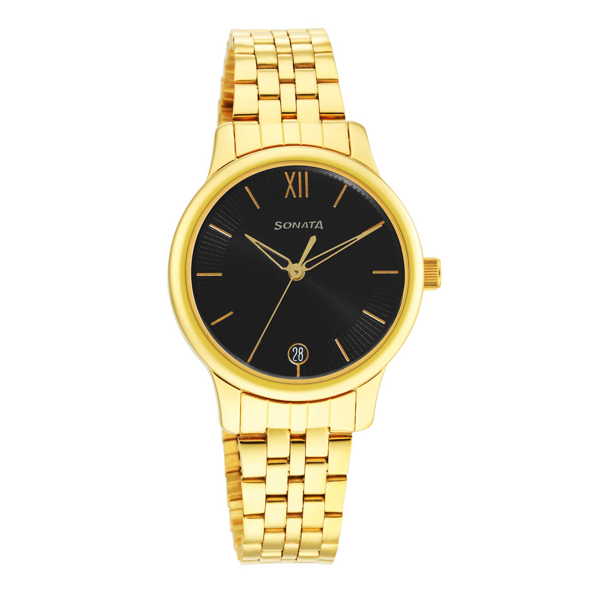 Classic Gold Black Dial Metal Strap Watch for Women
