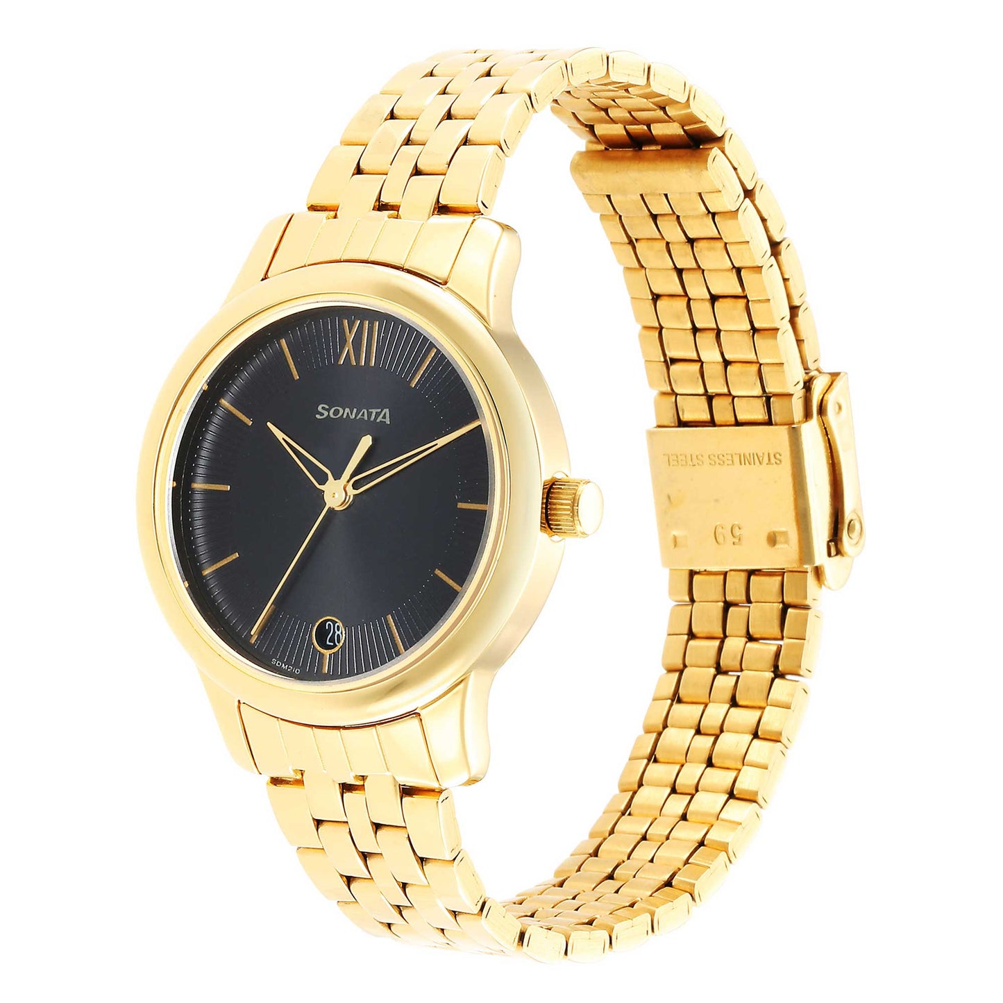 Classic Gold Black Dial Metal Strap Watch for Women