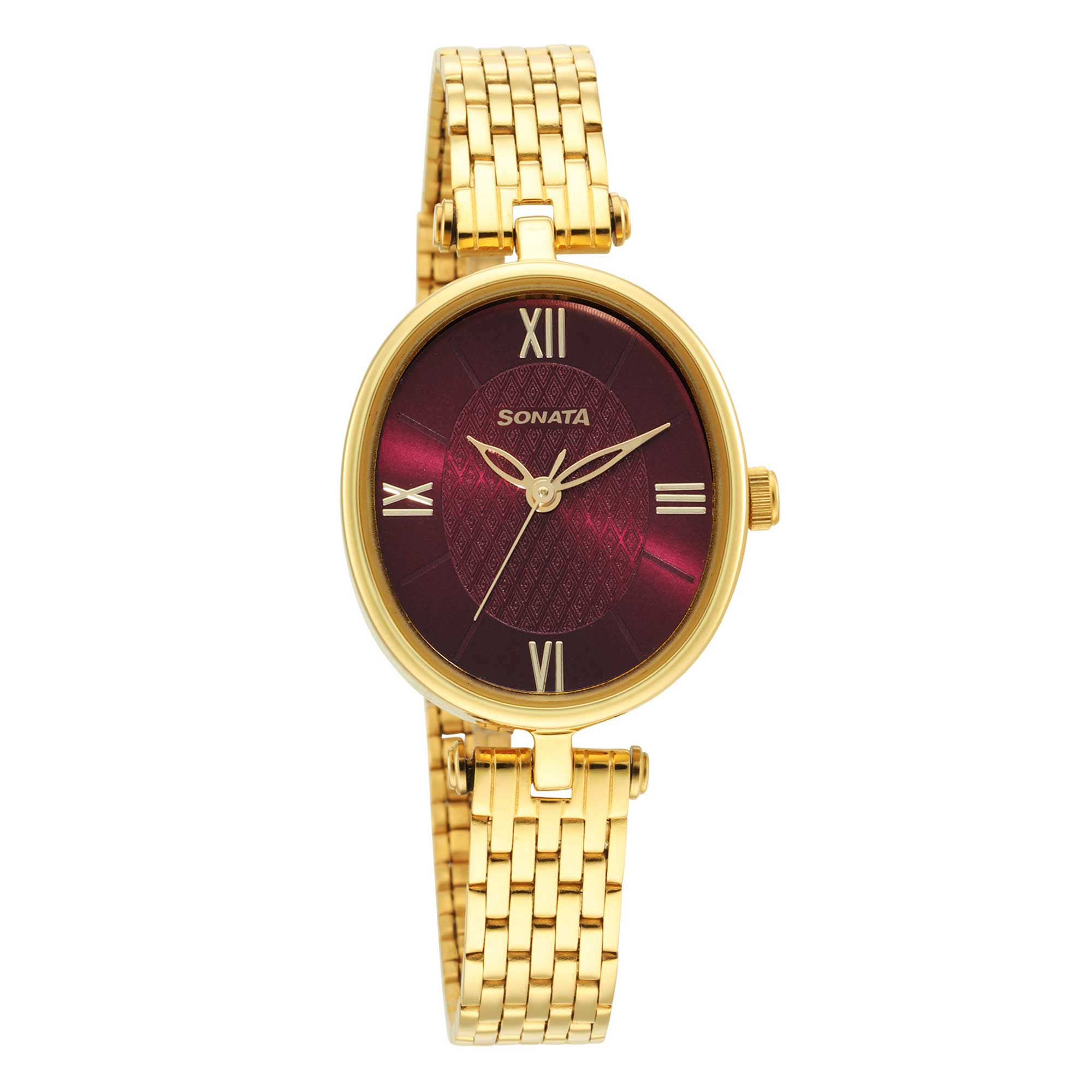 Classic Gold Maroon Dial Metal Strap Watch for Women