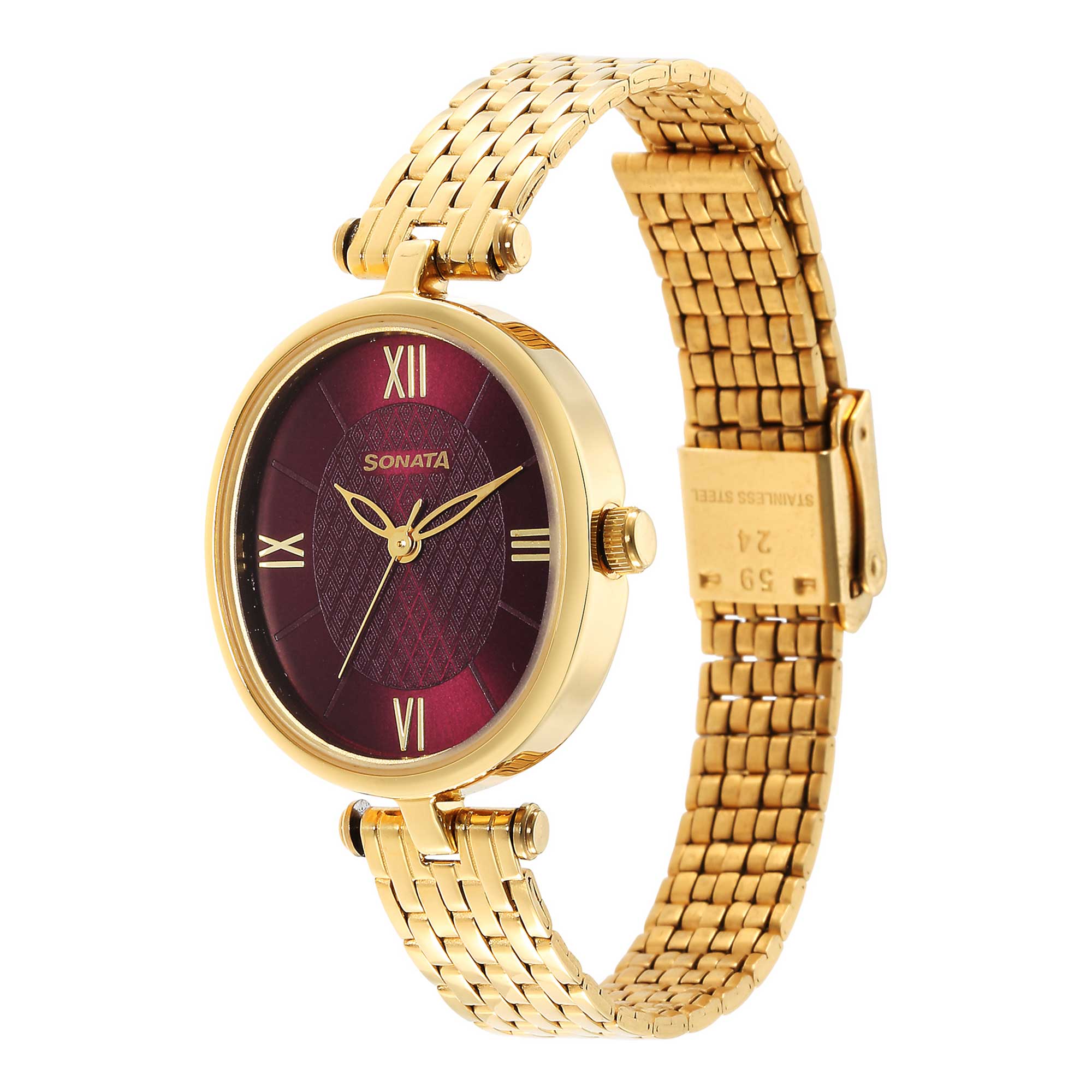 Classic Gold Maroon Dial Metal Strap Watch for Women