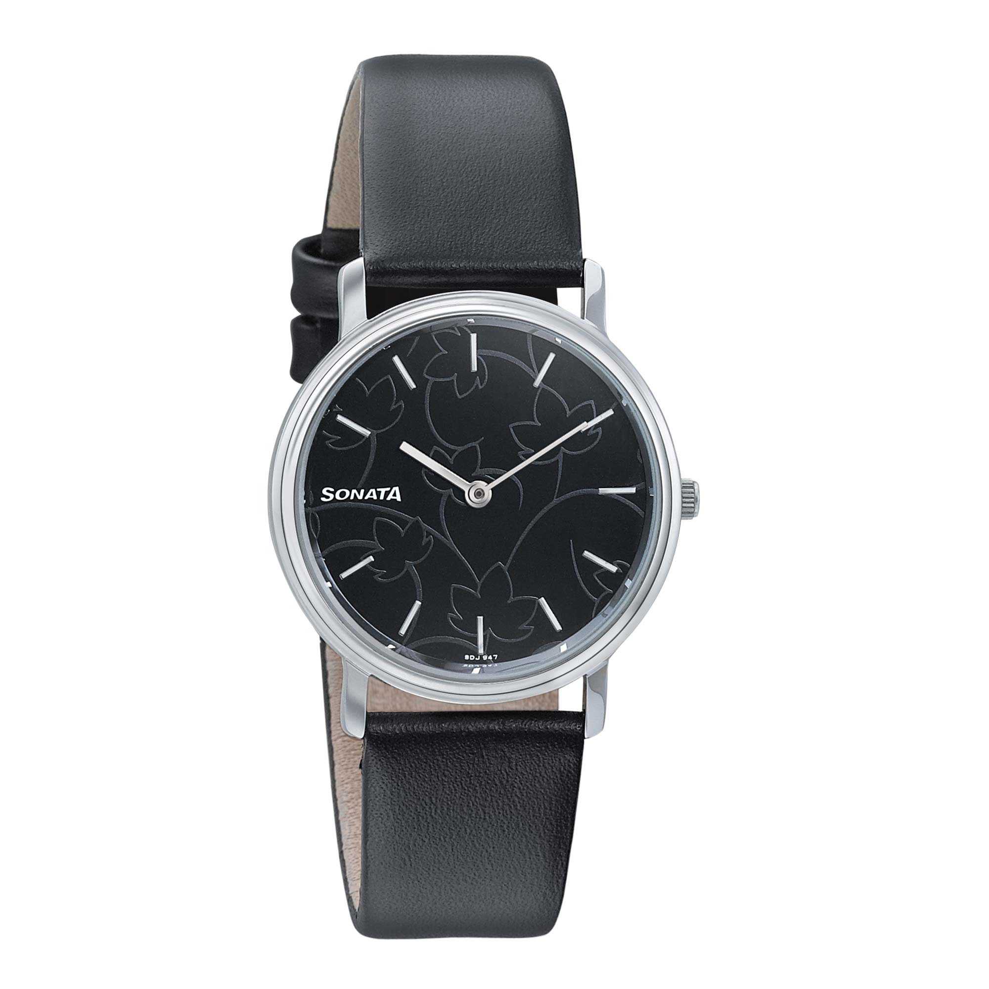 Sonata Silver Lining Black Dial Women Watch With Leather Strap