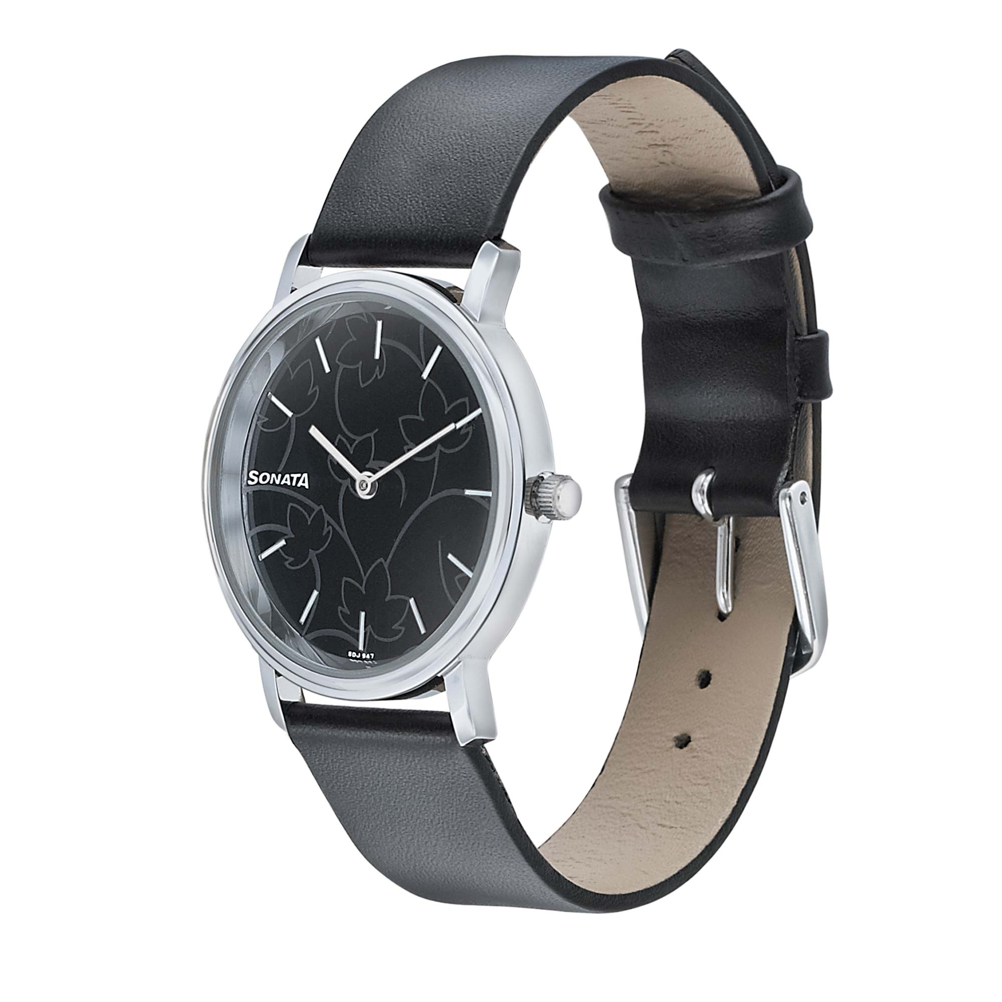 Sonata Silver Lining Black Dial Women Watch With Leather Strap