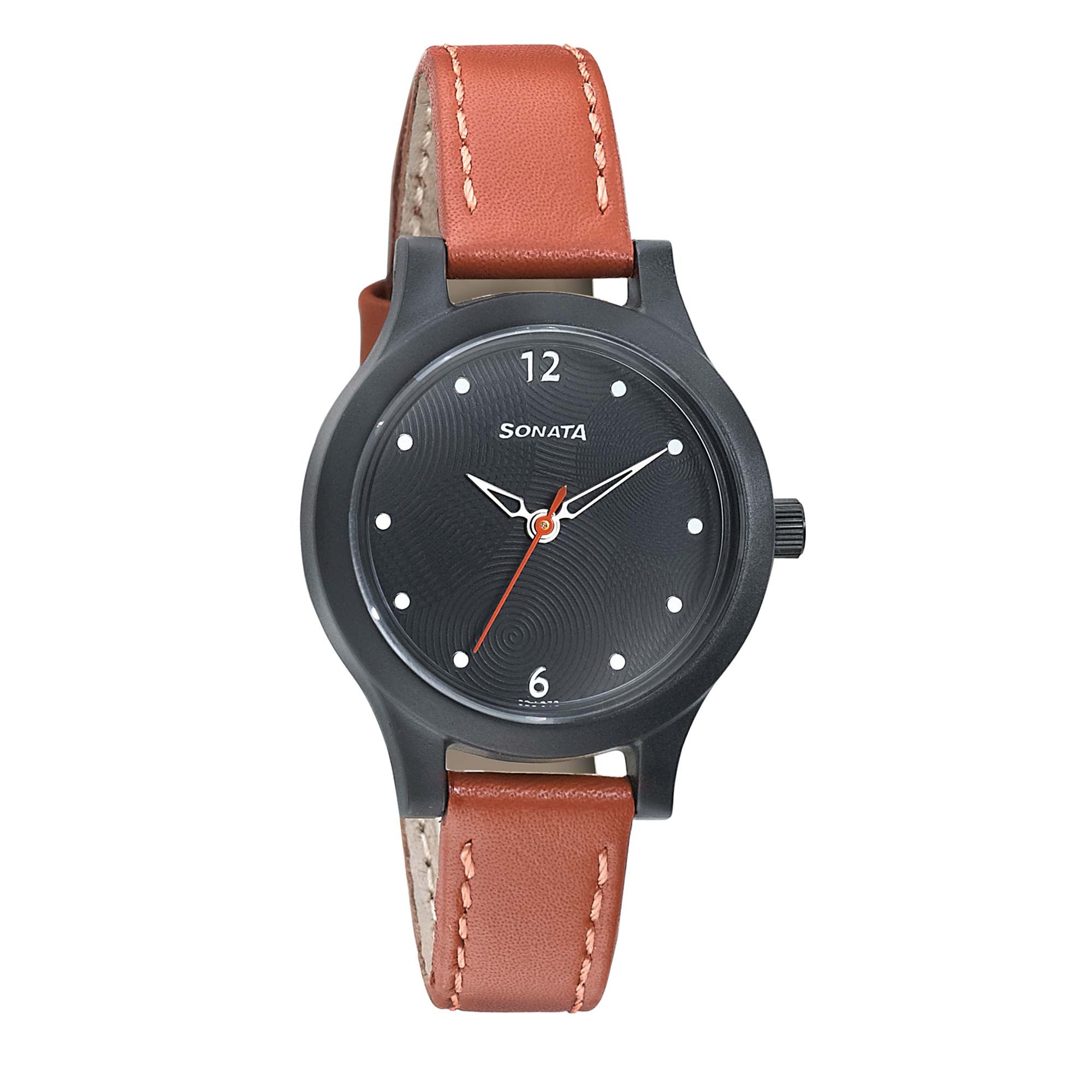 Sonata Essentials Black Dial Women Watch With Leather Strap