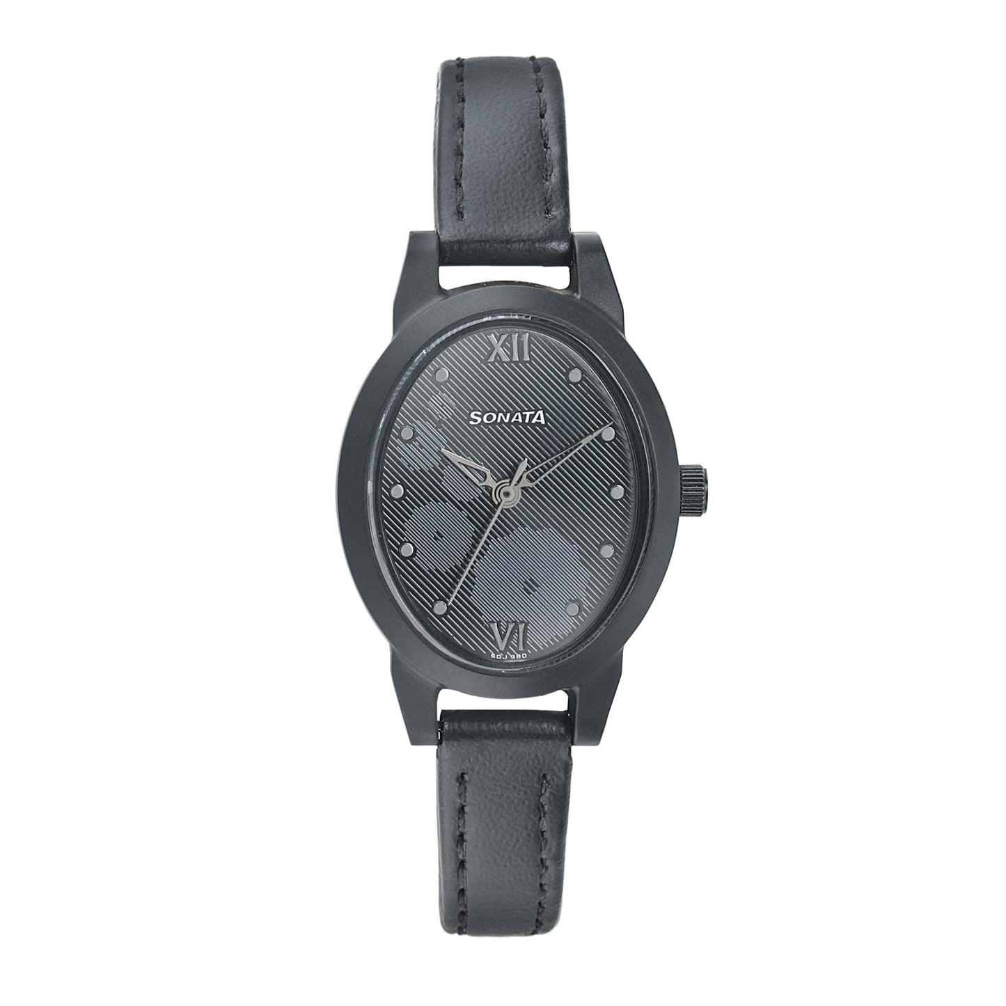 Sonata Essentials Black Dial Women Watch With Leather Strap