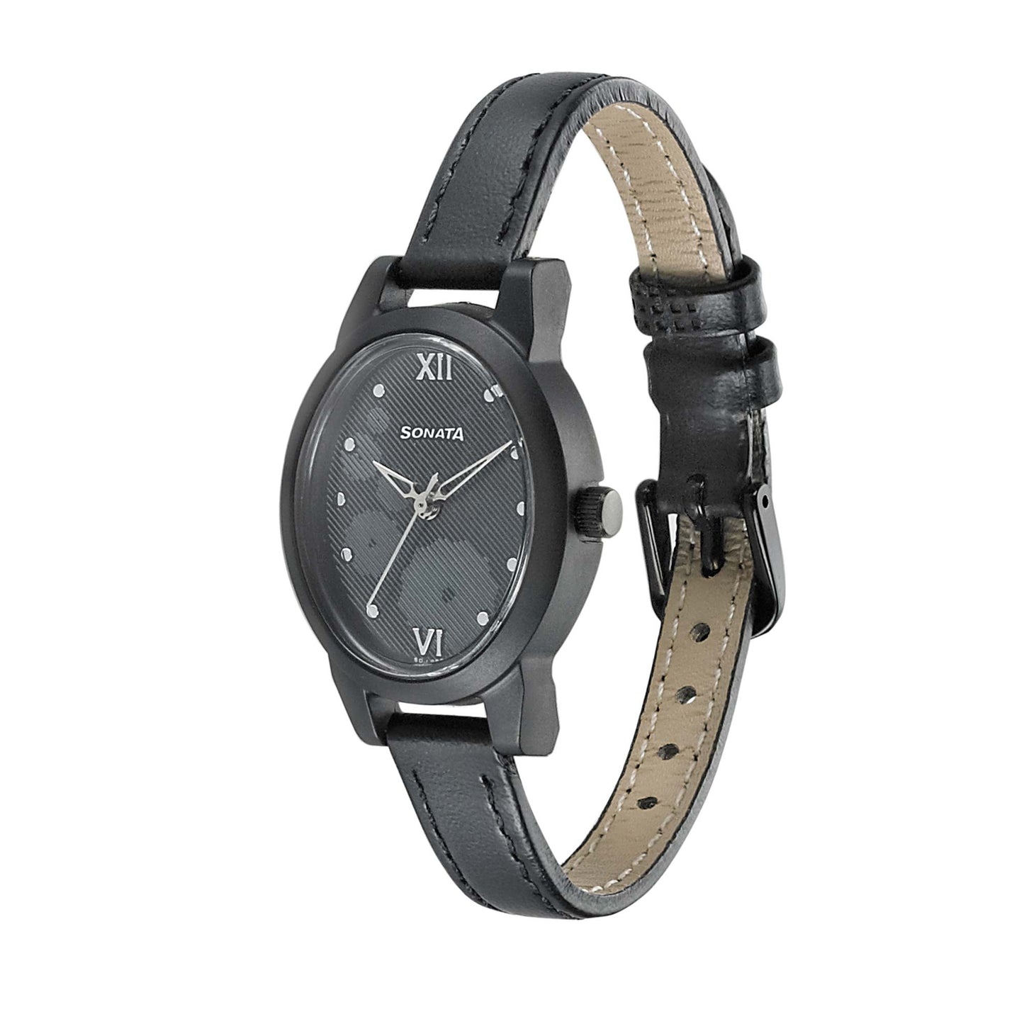 Sonata Essentials Black Dial Women Watch With Leather Strap