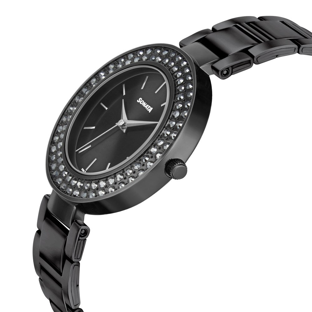 Sonata Blush It Up Black Dial Women Watch With Stainless Steel Strap
