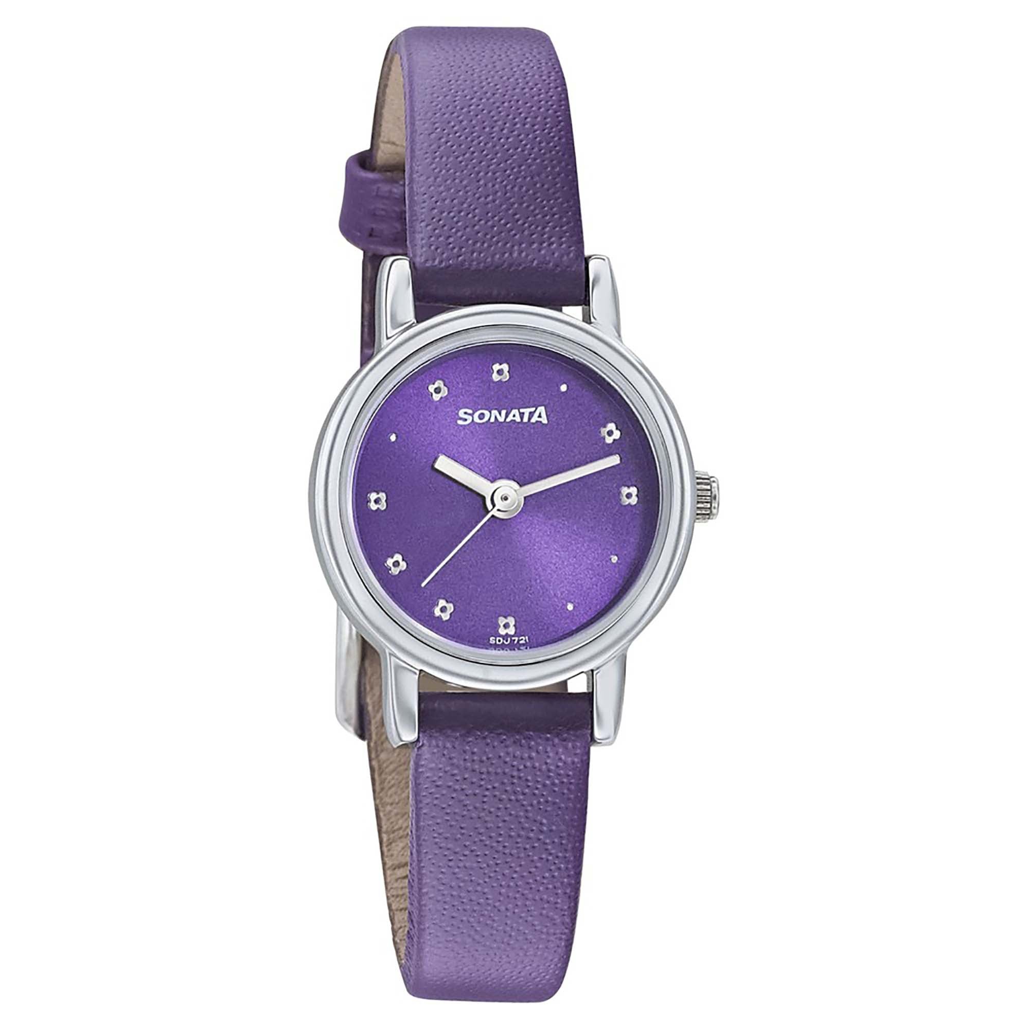 Sonata Floral Folkart Purple Dial Women Watch With Leather Strap