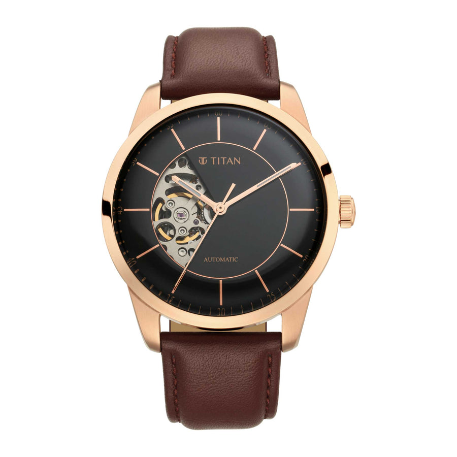 Titan Automatic Sectoral Black Dial Brown Leather Strap Watch for Men