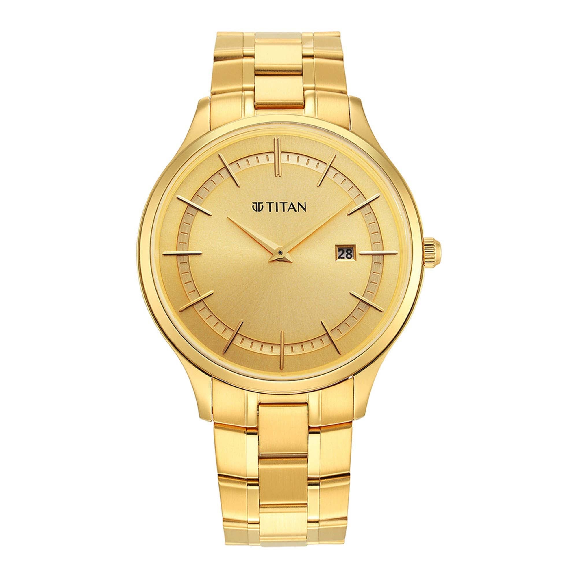 Titan Classique Slimline Champagne Dial Analog with Day and Date Stainless Steel Strap Watch for Men