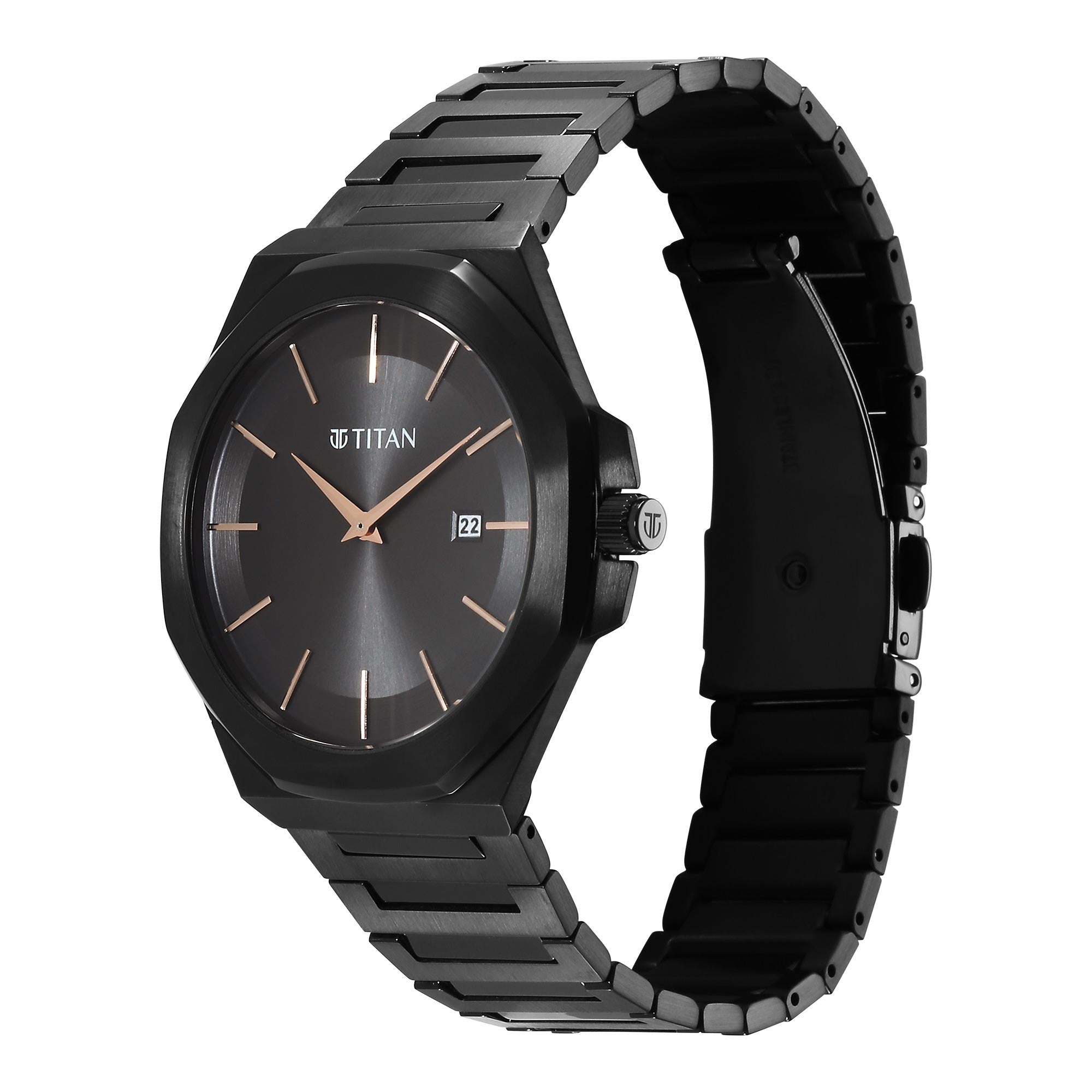 Titan Classique Slim Quartz Analog with Date Black Dial Stainless Steel Strap Watch for Men