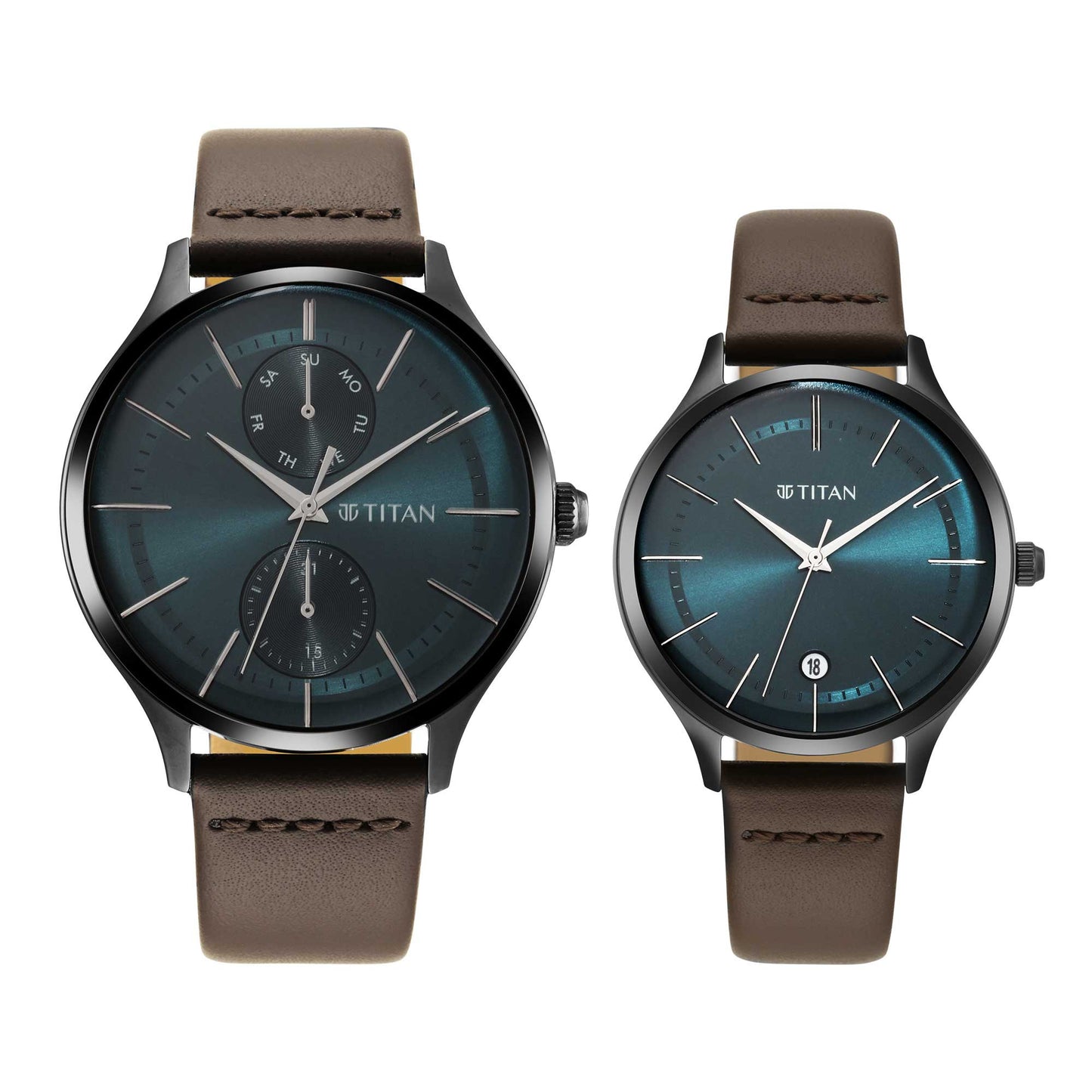Titan Bandhan Green Dial Analog with Date Leather Strap watch for Couple