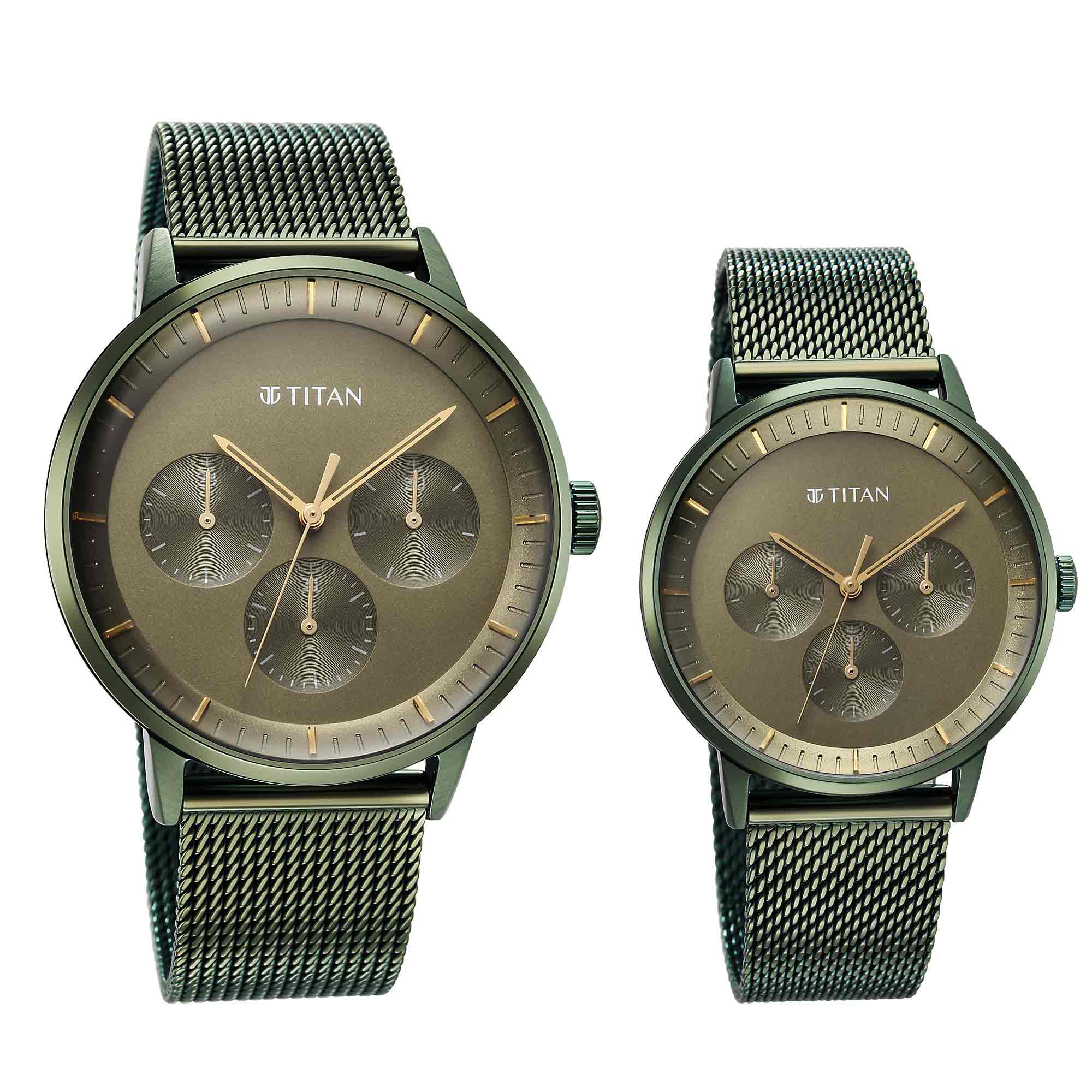 Titan Bandhan Green Dial Multi Stainless Steel Strap watch for Couple Titan World