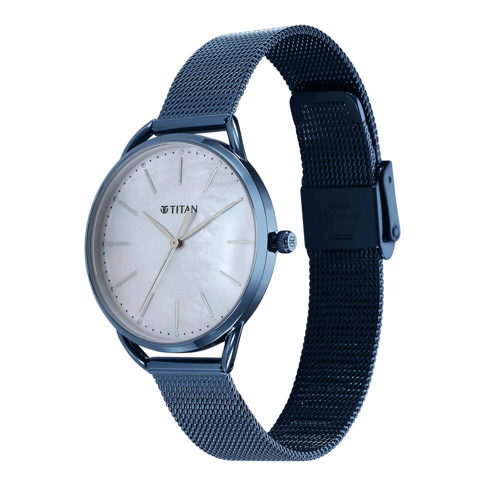 Titan Slimline Quartz Analog Mother Of Pearl Dial Blue Stainless Steel Strap Watch for Women