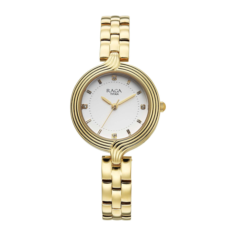 Titan Raga White Dial Gold Metal Strap Analog Watch for Women