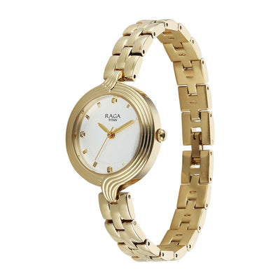 Titan Raga White Dial Gold Metal Strap Analog Watch for Women