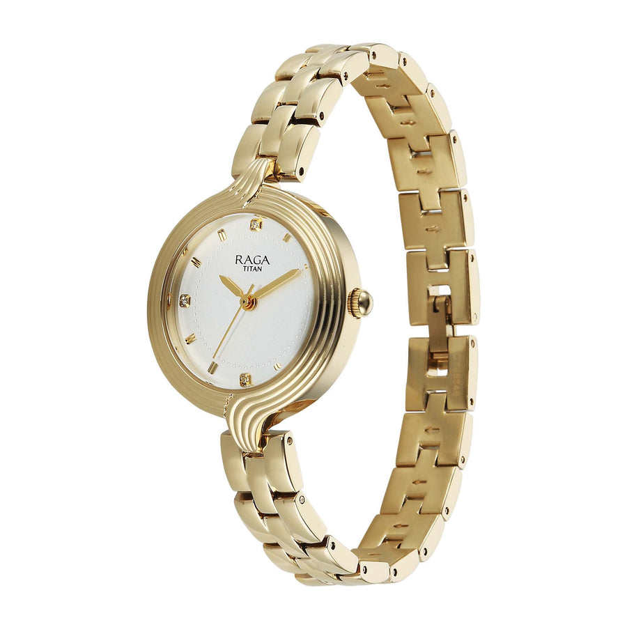 Titan Raga White Dial Gold Metal Strap Analog Watch for Women