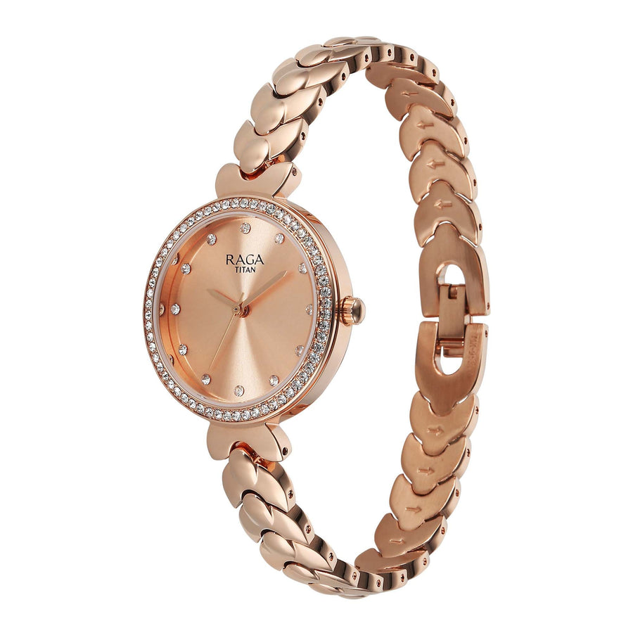 Titan Raga Champagne Dial Gold Stainless Steel Strap Analog Watch for Women