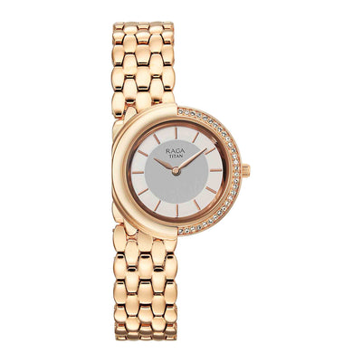 Titan Raga Grey Dial Rose Gold Metal Strap Analog Watch for Women